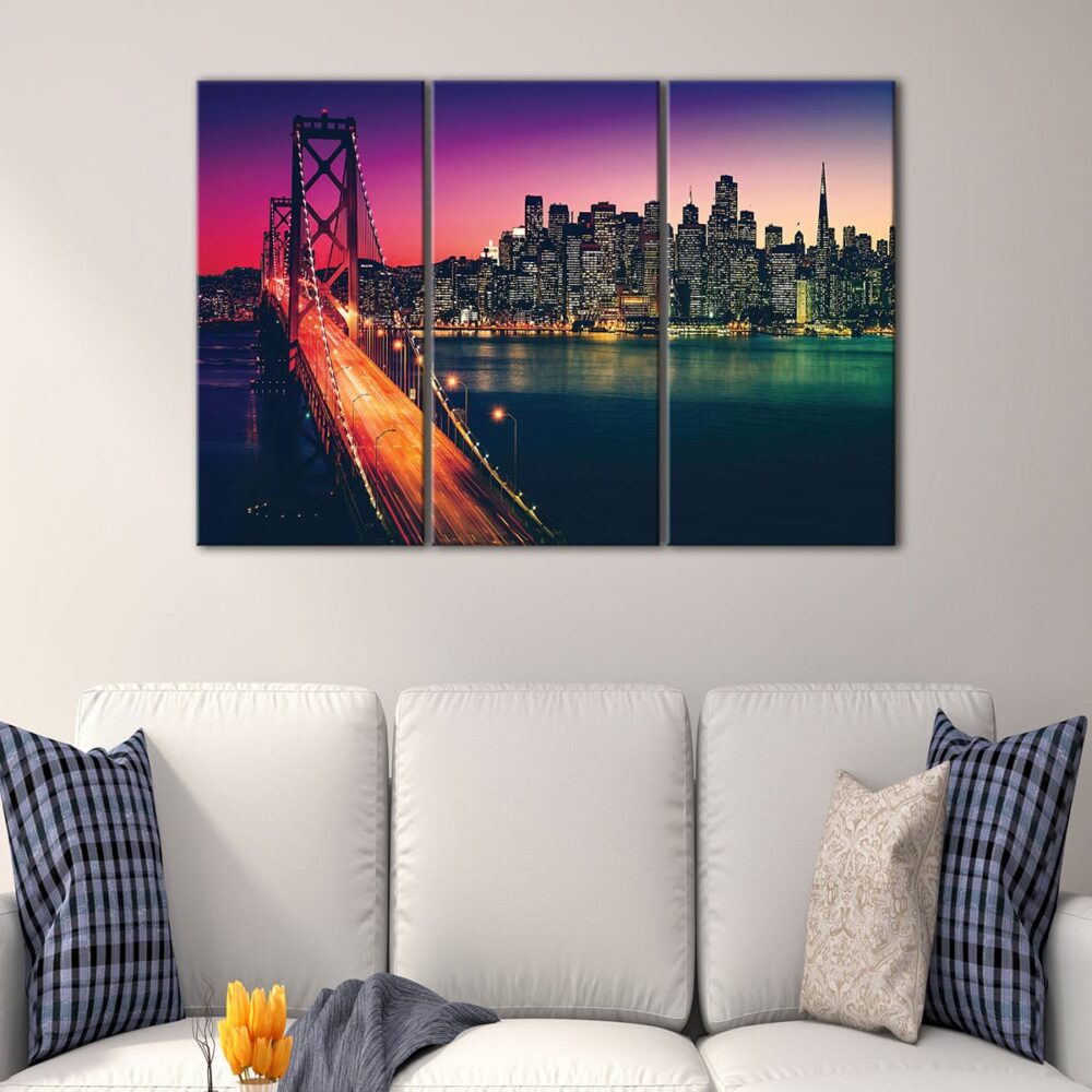 Toile d'art 3 panneaux "San Francisco Bay Bridge at Night" (Pont de la baie de San Francisco la nuit)