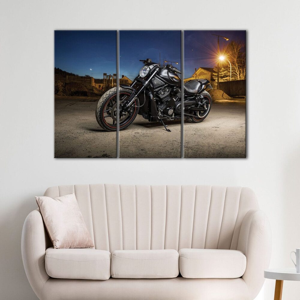 Toile d'art moto noire 3 panneaux