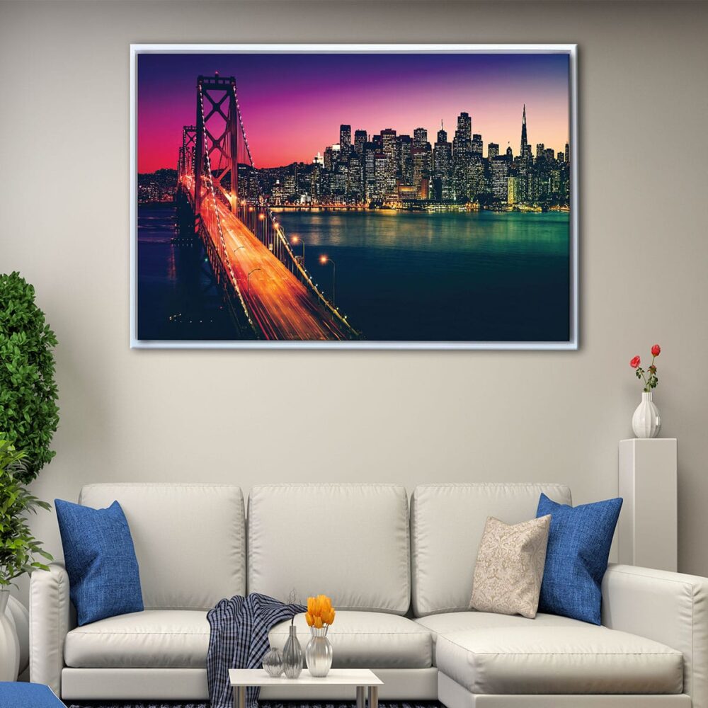 Toile avec cadre flottant : le pont de la baie de San Francisco la nuit
