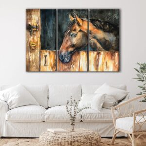 Toile d'art 3 panneaux cheval dans l'écurie