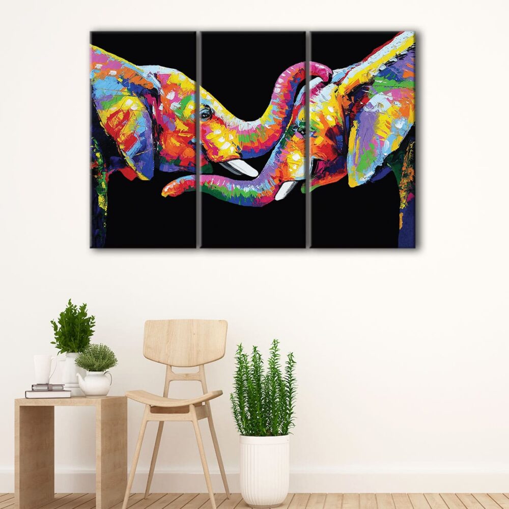 Toile d'art 3 panneaux avec éléphants arc-en-ciel