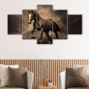 Toile d'art 5 panneaux cheval noir