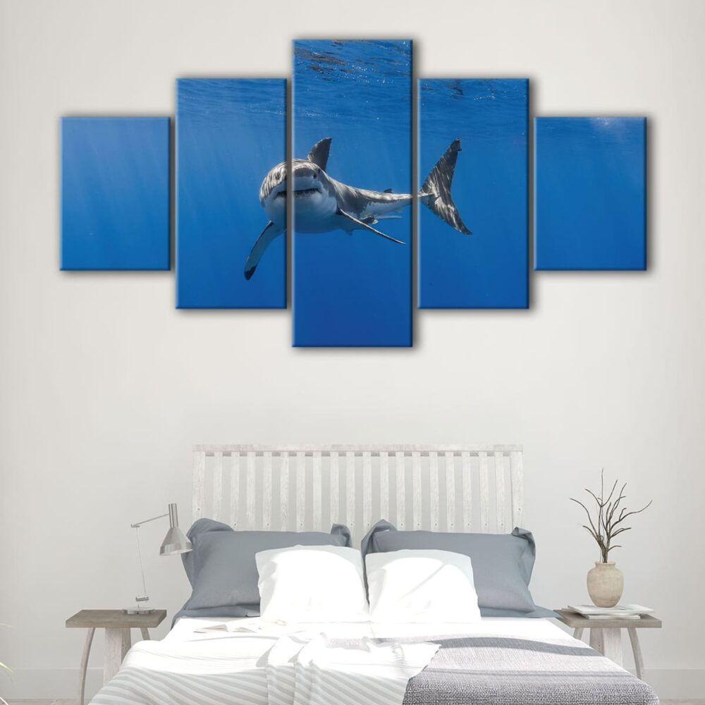 Toile d'art 5 panneaux requin sous l'eau
