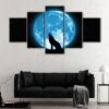 Toile d'art 5 panneaux loup lune bleue
