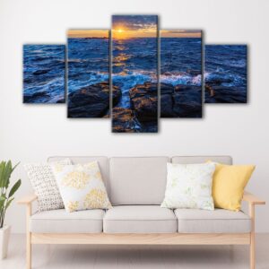 5 panels rocky beach sunrise canvas art