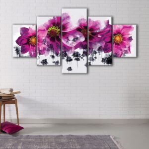 Toile d'art 5 panneaux fleurs aquarelles roses