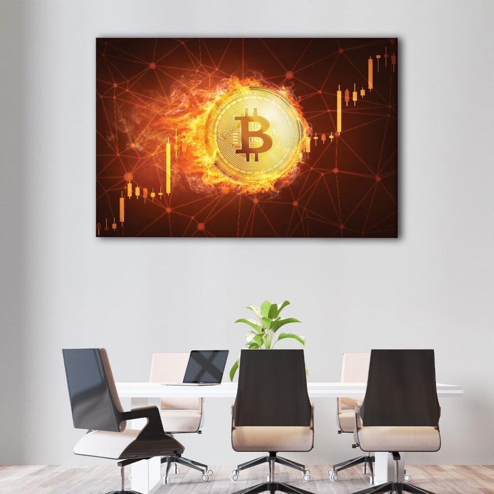 1 paneles bitcoin in fire canvas art