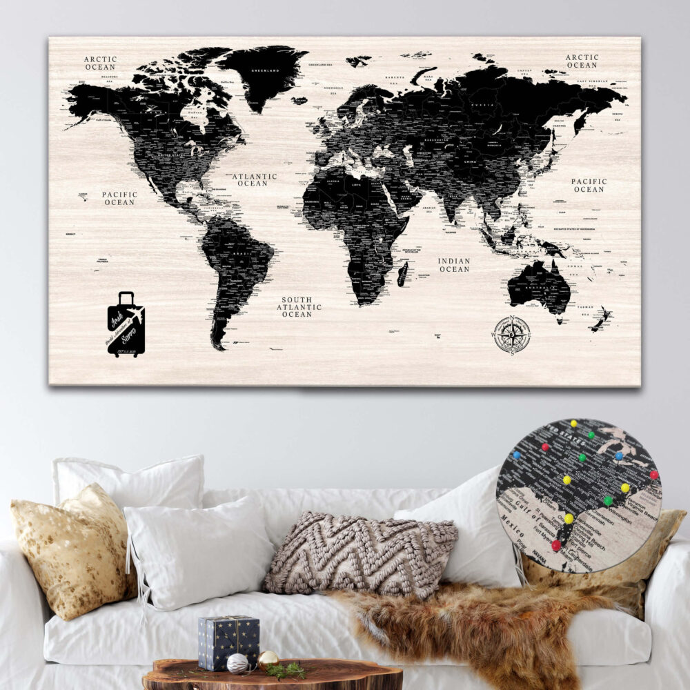 Carte du monde moderne en bois