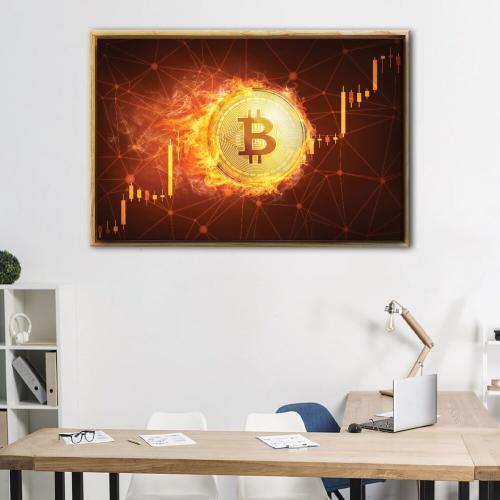 bitcoin en fuego lienzo marco flotante
