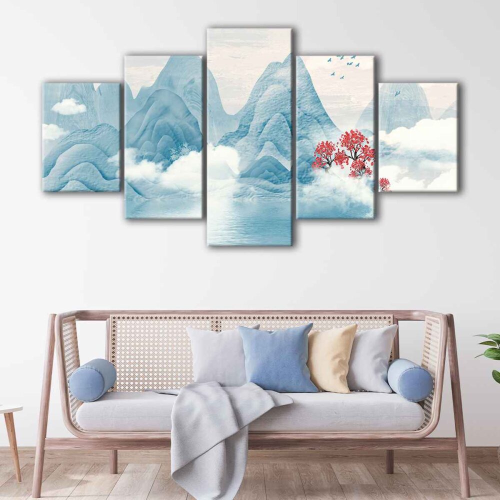 5 panneaux toile d'art boho montagnes japonaises