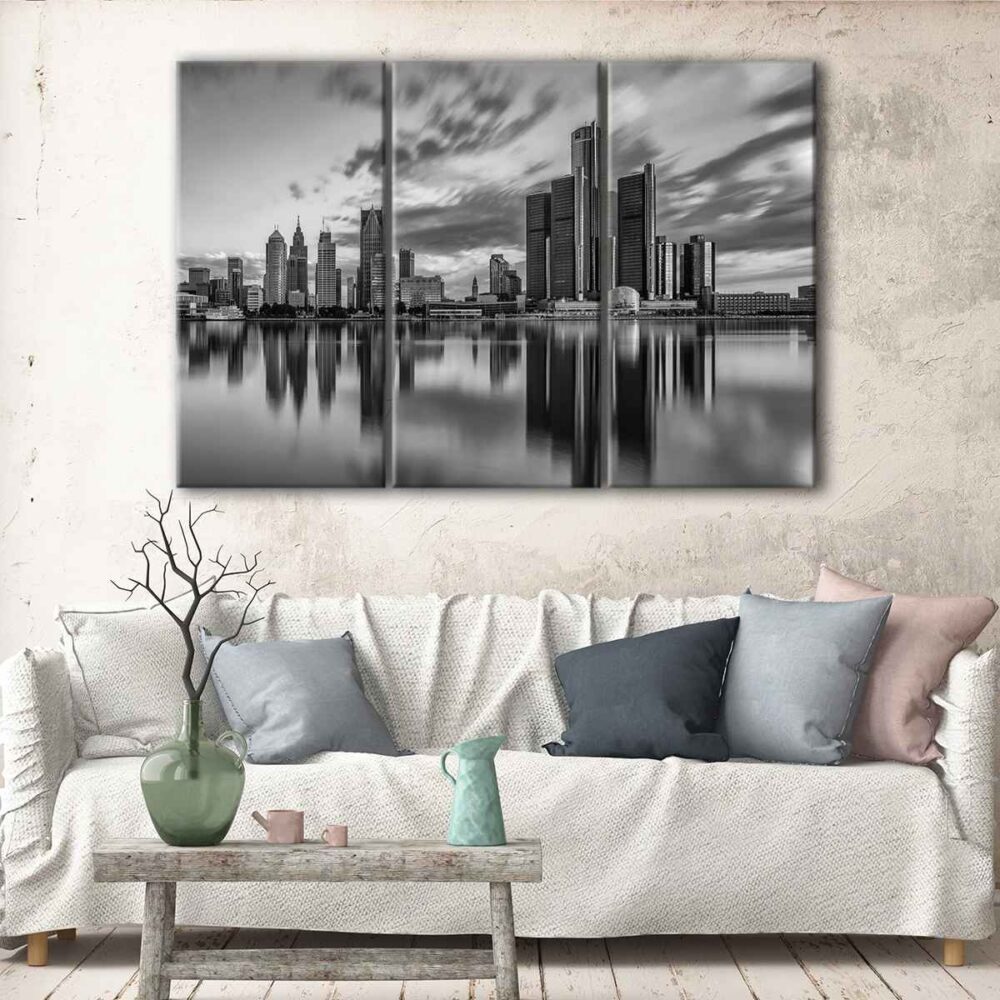 Toile d'art 3 panneaux de detroit skyline noir et blanc