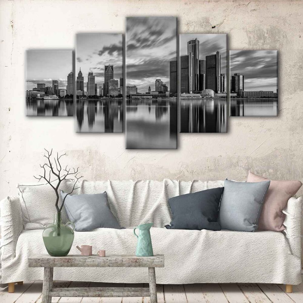 Toile d'art 5 panneaux de Detroit skyline noir et blanc