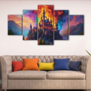 5 panneaux château en feu art sur toile