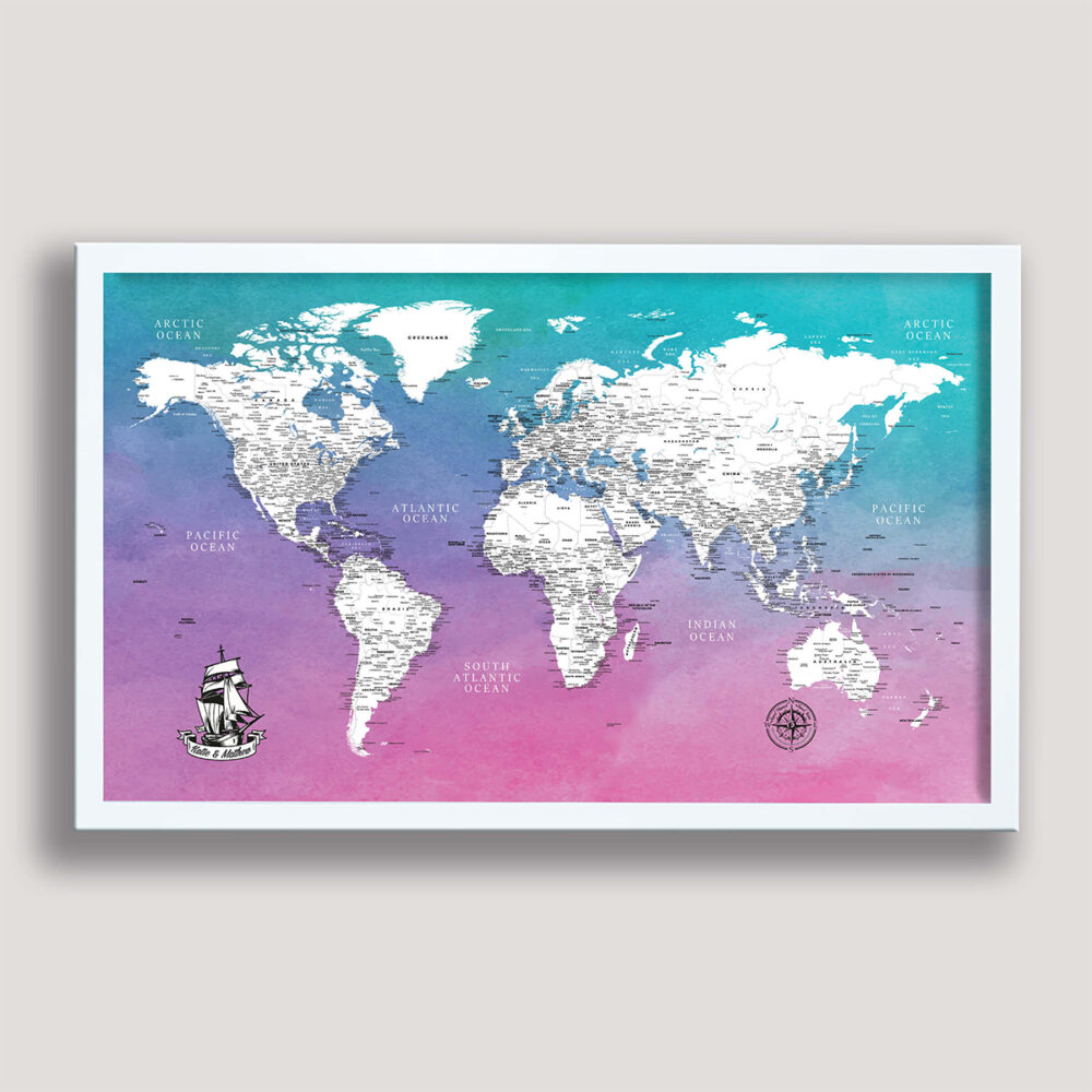 Carte du monde aquarelle - cadre blanc