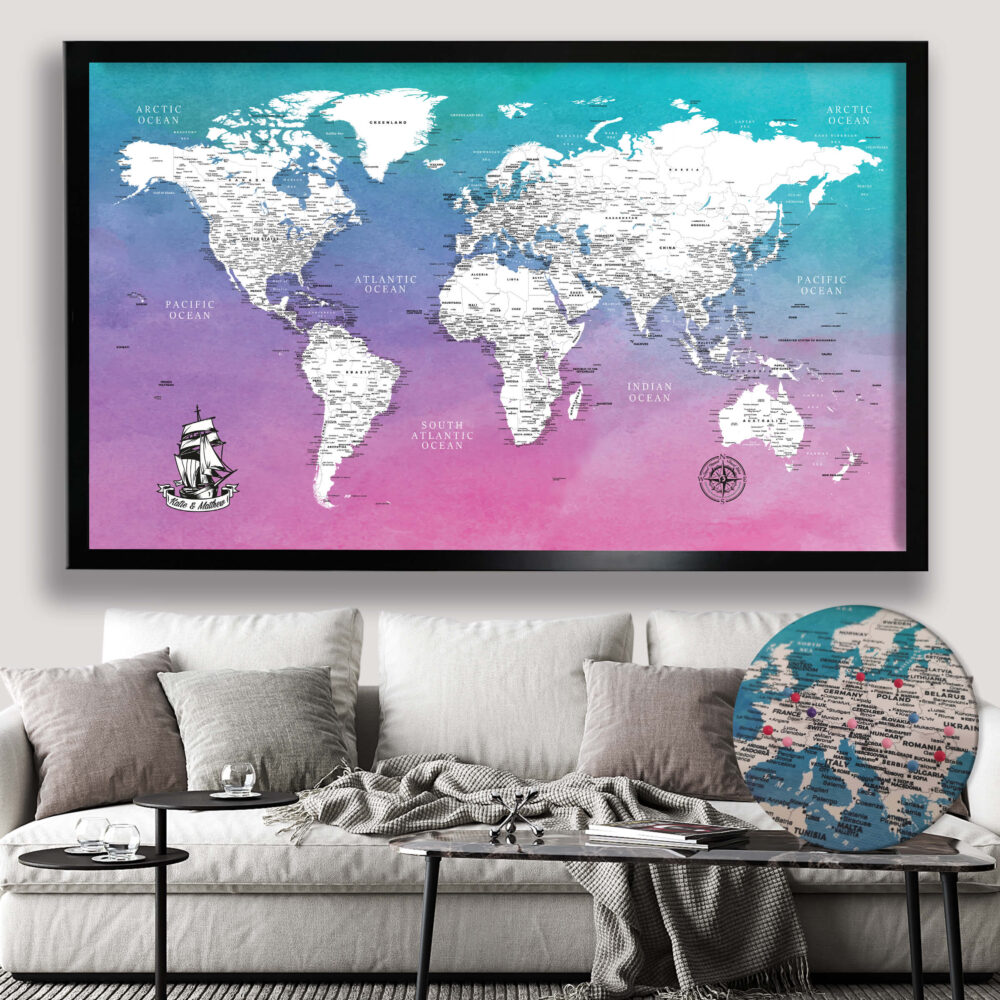 Carte du monde encadrée avec des punaises à l'aquarelle