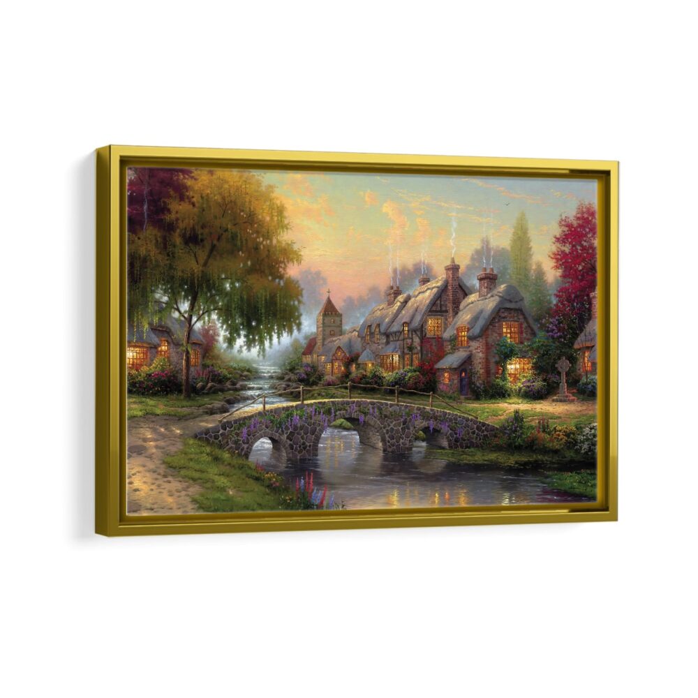 cobblestone bridge framed canvas gold frame