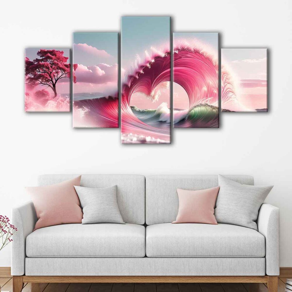 Toile d'art 5 panneaux vague rose