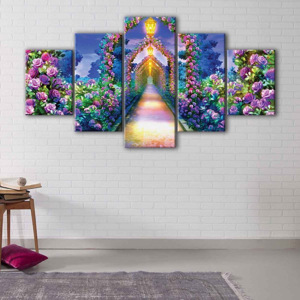 Toile d'art 5 panneaux chemin des roses