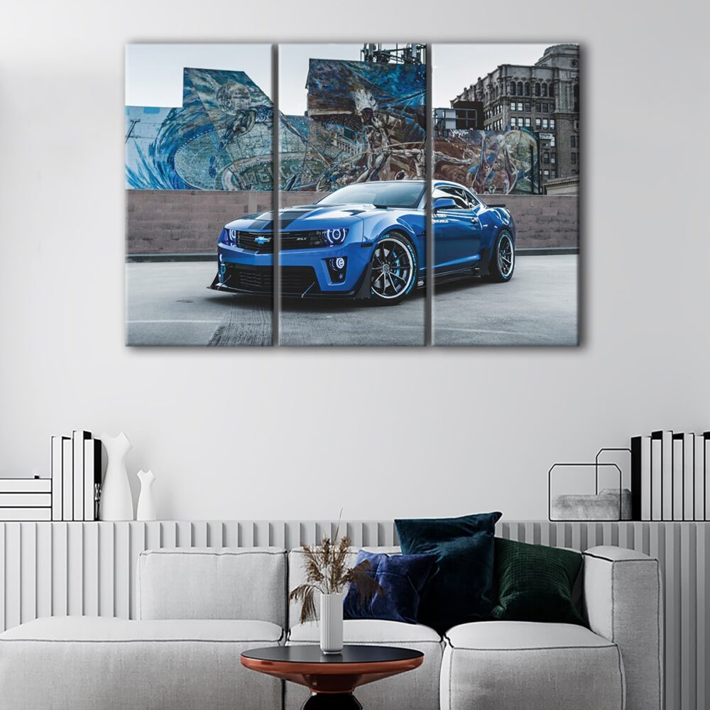 3 panels blue chevy camaro canvas art