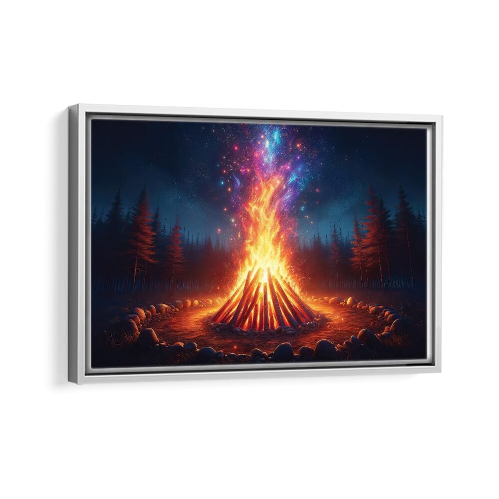 cosmic bonfire framed canvas white frame